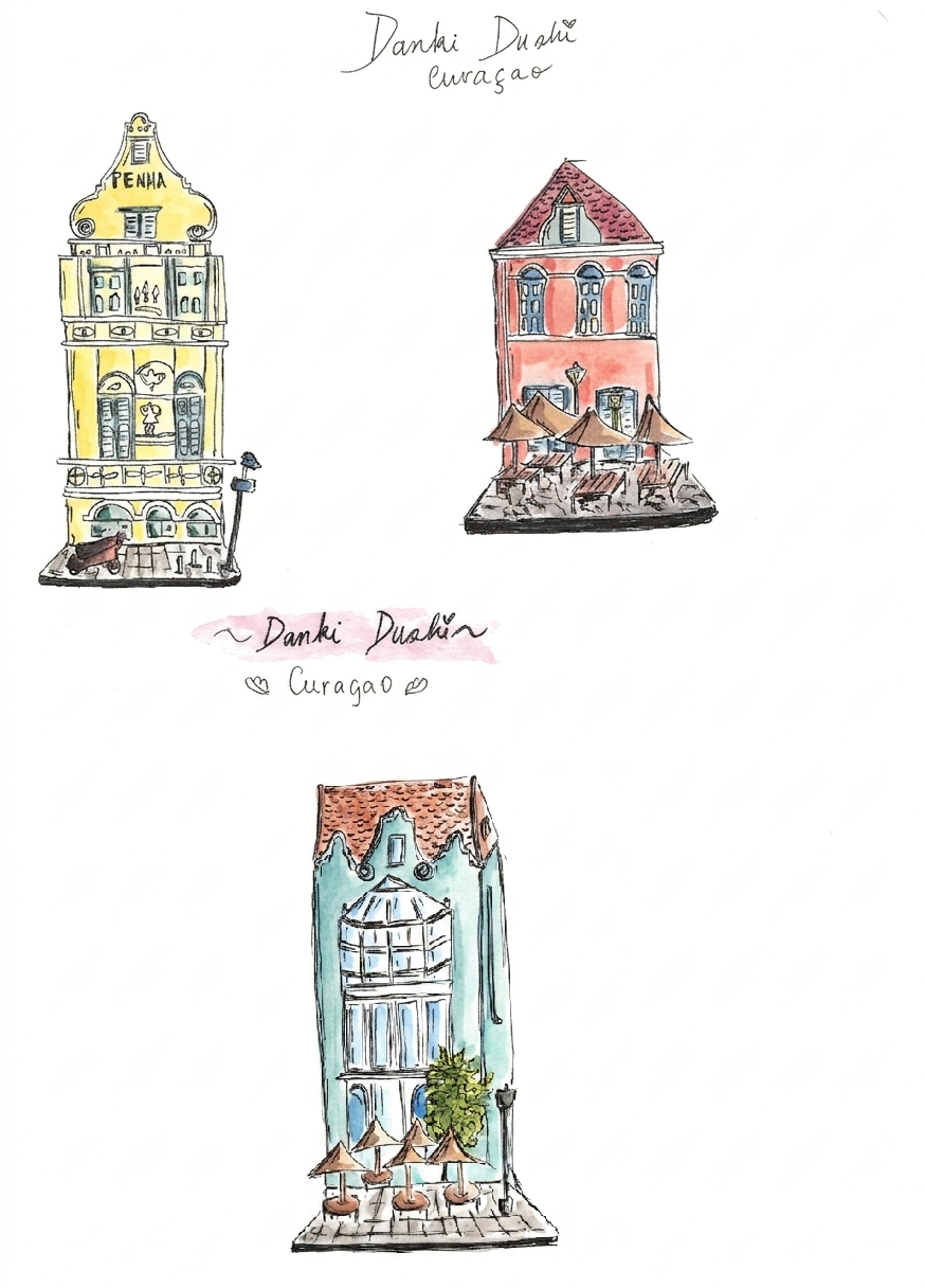 Colorful illustration print of traditional Curaçao houses.